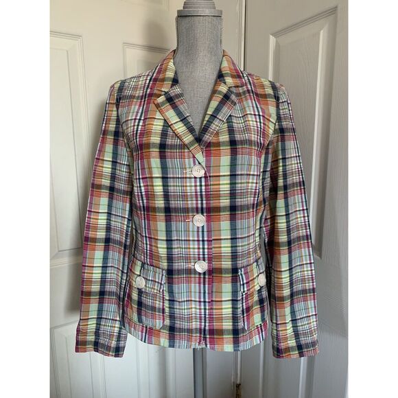 Talbots Womens Blazer Jacket Plaid Button Down Size 8 Cotton Flax Multicolor - Picture 1 of 9